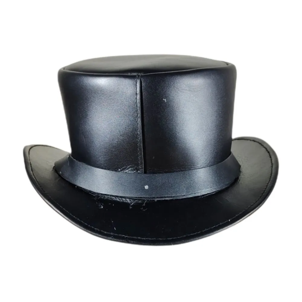 Metal Skull Adorned Leather Top Hat
